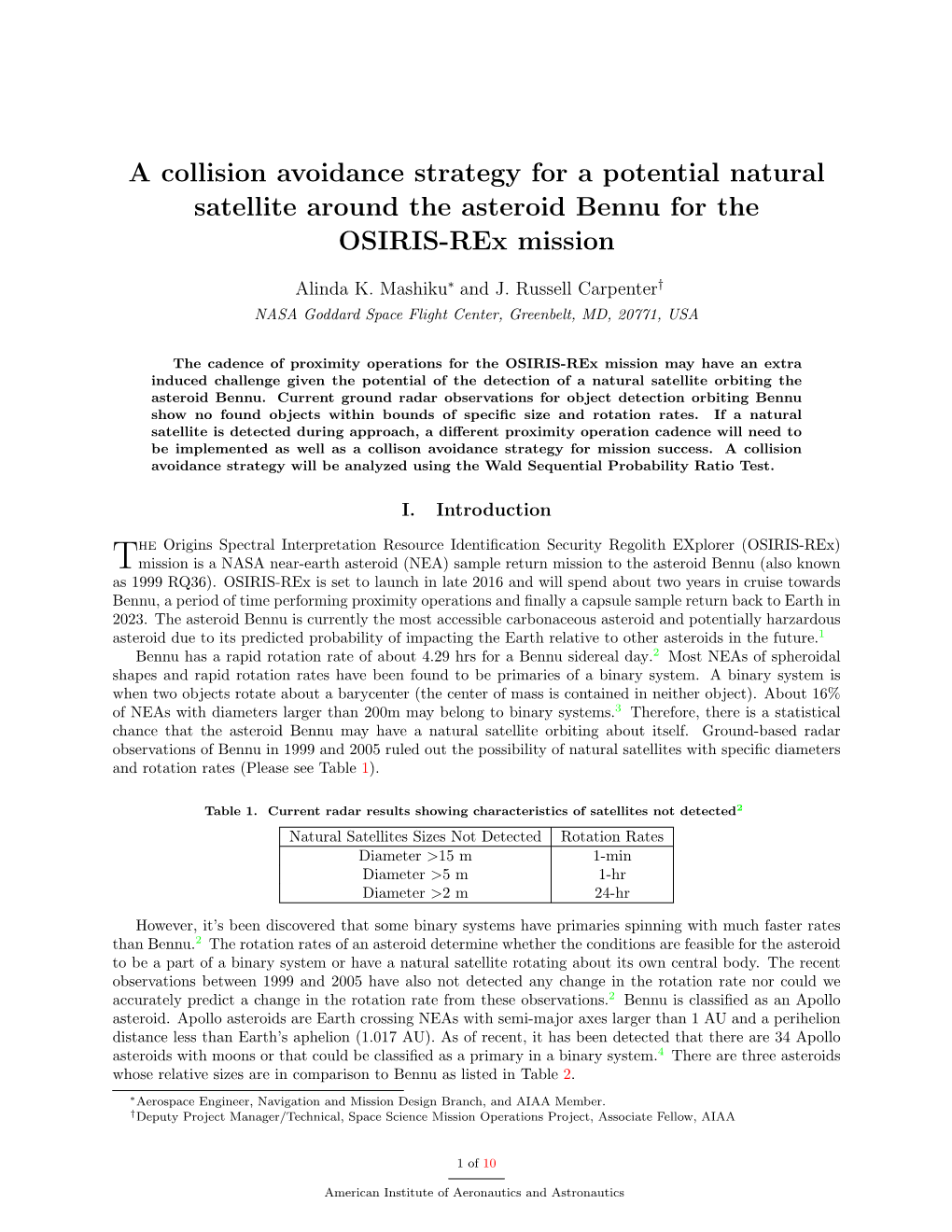 A Collision Avoidance Strategy for a Potential Natural Satellite Around the Asteroid Bennu for the OSIRIS-Rex Mission