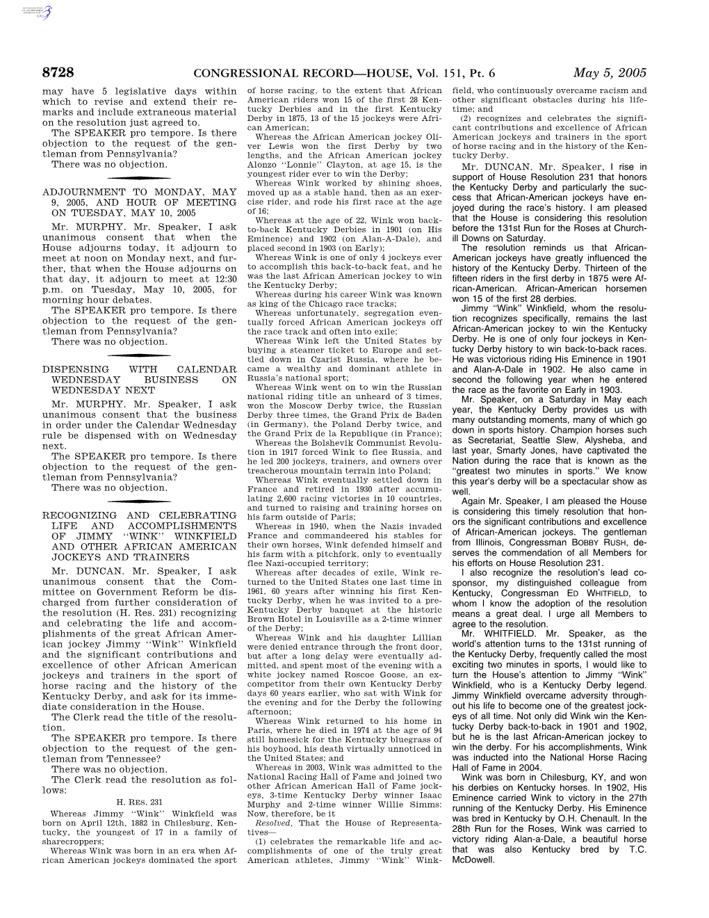 CONGRESSIONAL RECORD—HOUSE, Vol. 151, Pt. 6 May 5, 2005