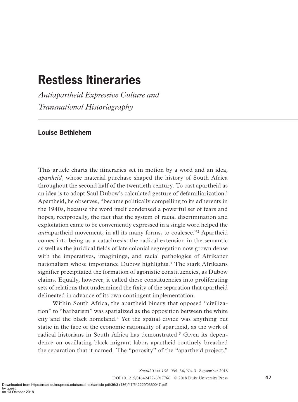 Restless Itineraries Antiapartheid Expressive Culture and Transnational Historiography