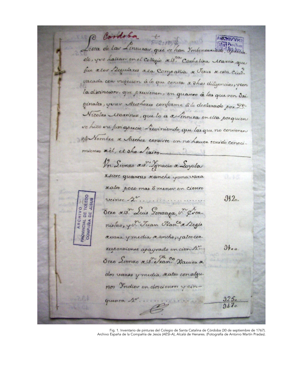 Fig. 1. Inventario De Pinturas Del Colegio De Santa Catalina De Córdoba (30 De Septiembre De 1767)