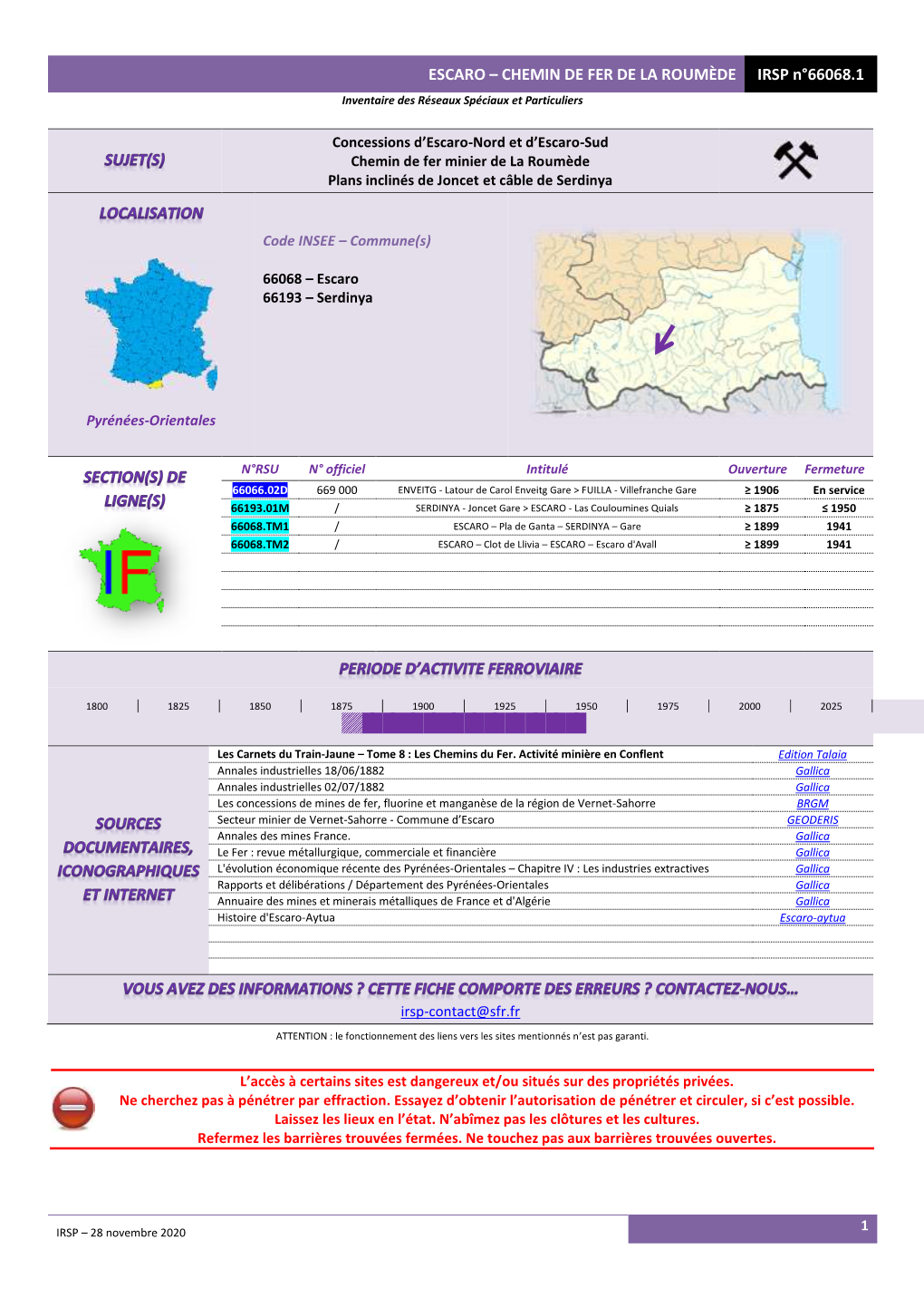 ESCARO – CHEMIN DE FER DE LA ROUMÈDE IRSP N°66068.1 Inventaire Des Réseaux Spéciaux Et Particuliers