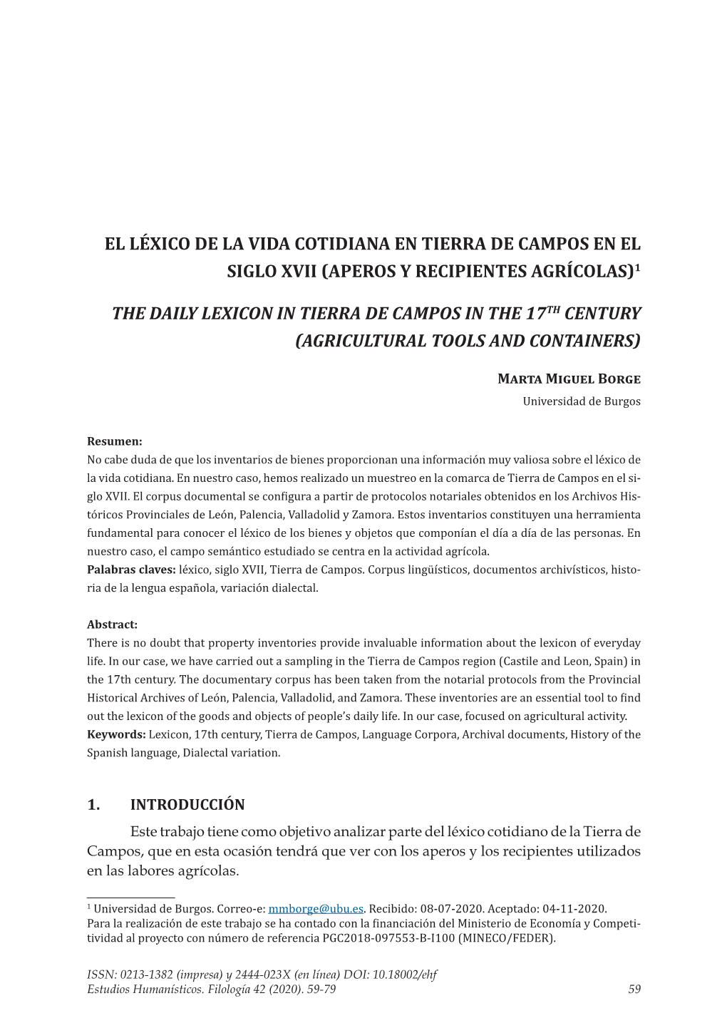 El Léxico De La Vida Cotidiana En Tierra De Campos En El Siglo Xvii (Aperos Y Recipientes Agrícolas)1