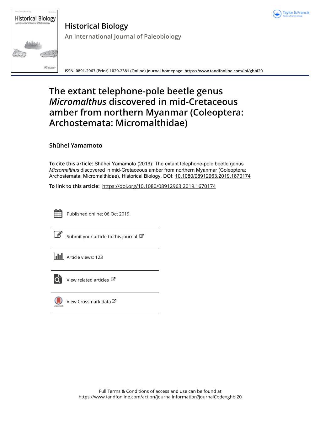 The Extant Telephone-Pole Beetle Genus Micromalthus Discovered in Mid-Cretaceous Amber from Northern Myanmar (Coleoptera: Archostemata: Micromalthidae)