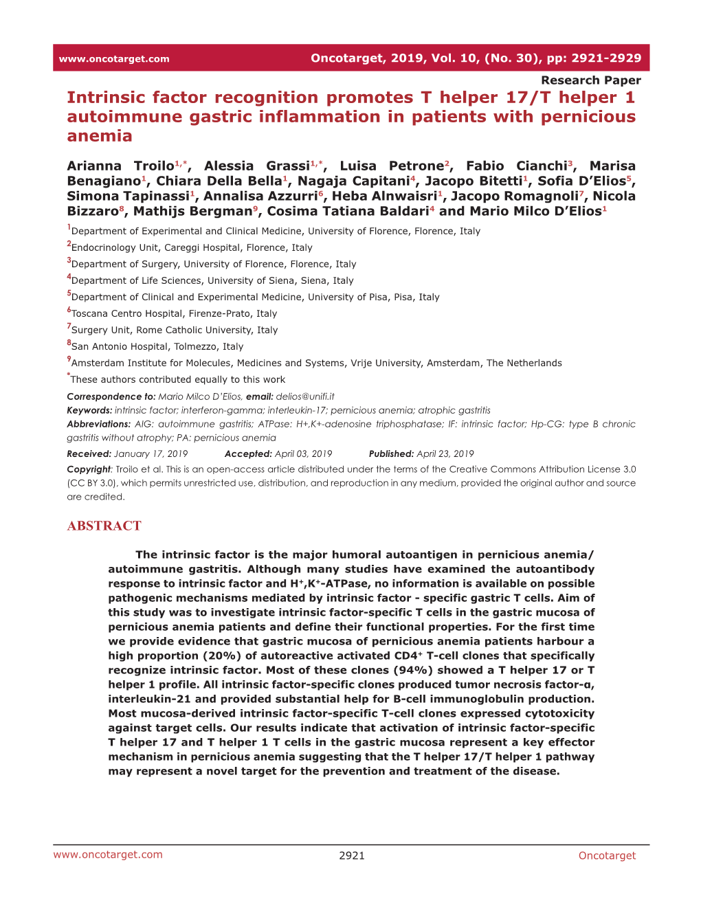 Intrinsic Factor Recognition Promotes T Helper 17/T Helper 1 Autoimmune Gastric Inflammation in Patients with Pernicious Anemia