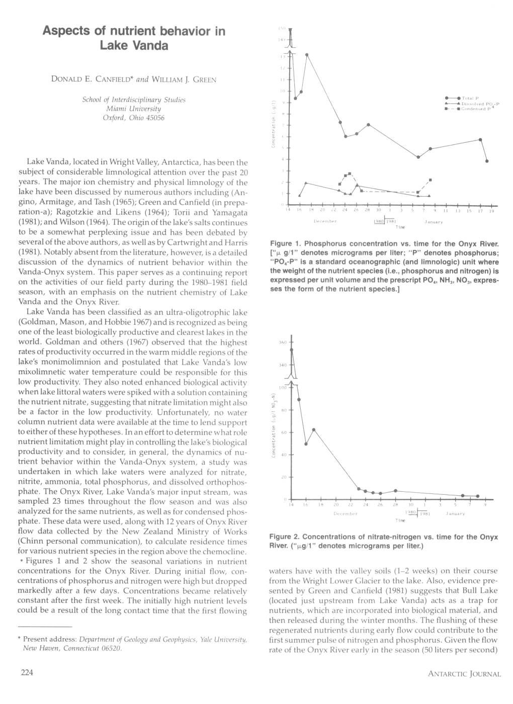 Aspects of Nutrient Behavior in Lake Vanda