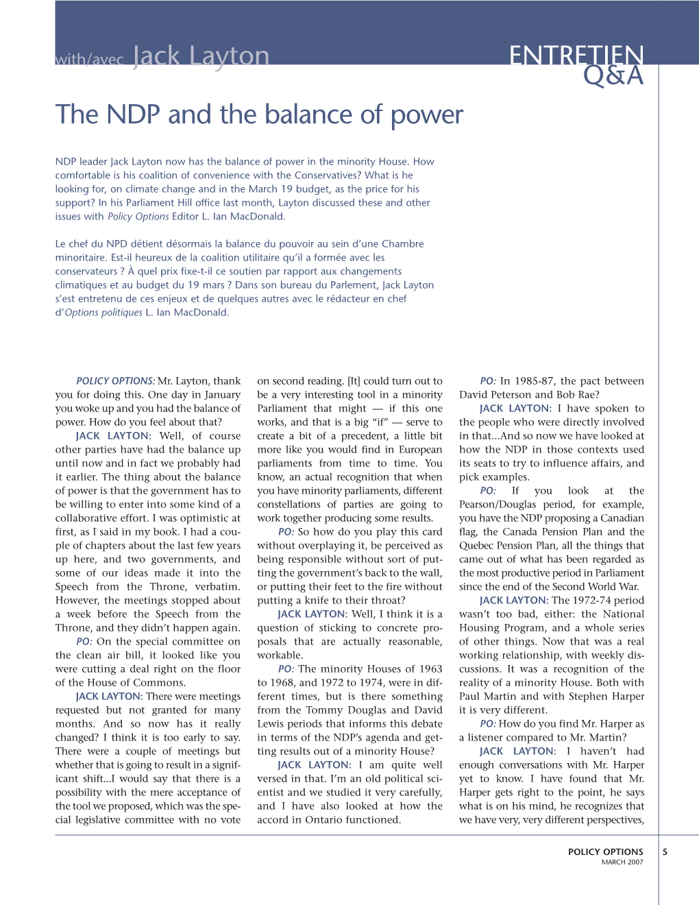 The NDP and the Balance of Power With/Avec Jack Layton ENTRETIEN