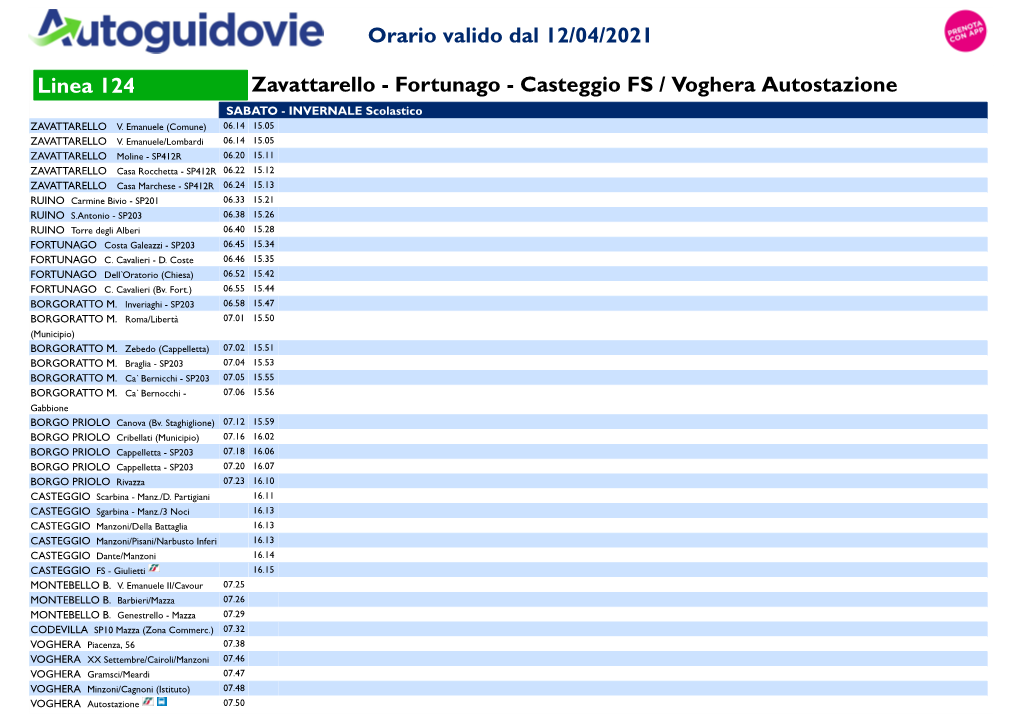 Linea 124 Zavattarello - Fortunago - Casteggio FS / Voghera Autostazione SABATO - INVERNALE Scolastico ZAVATTARELLO V