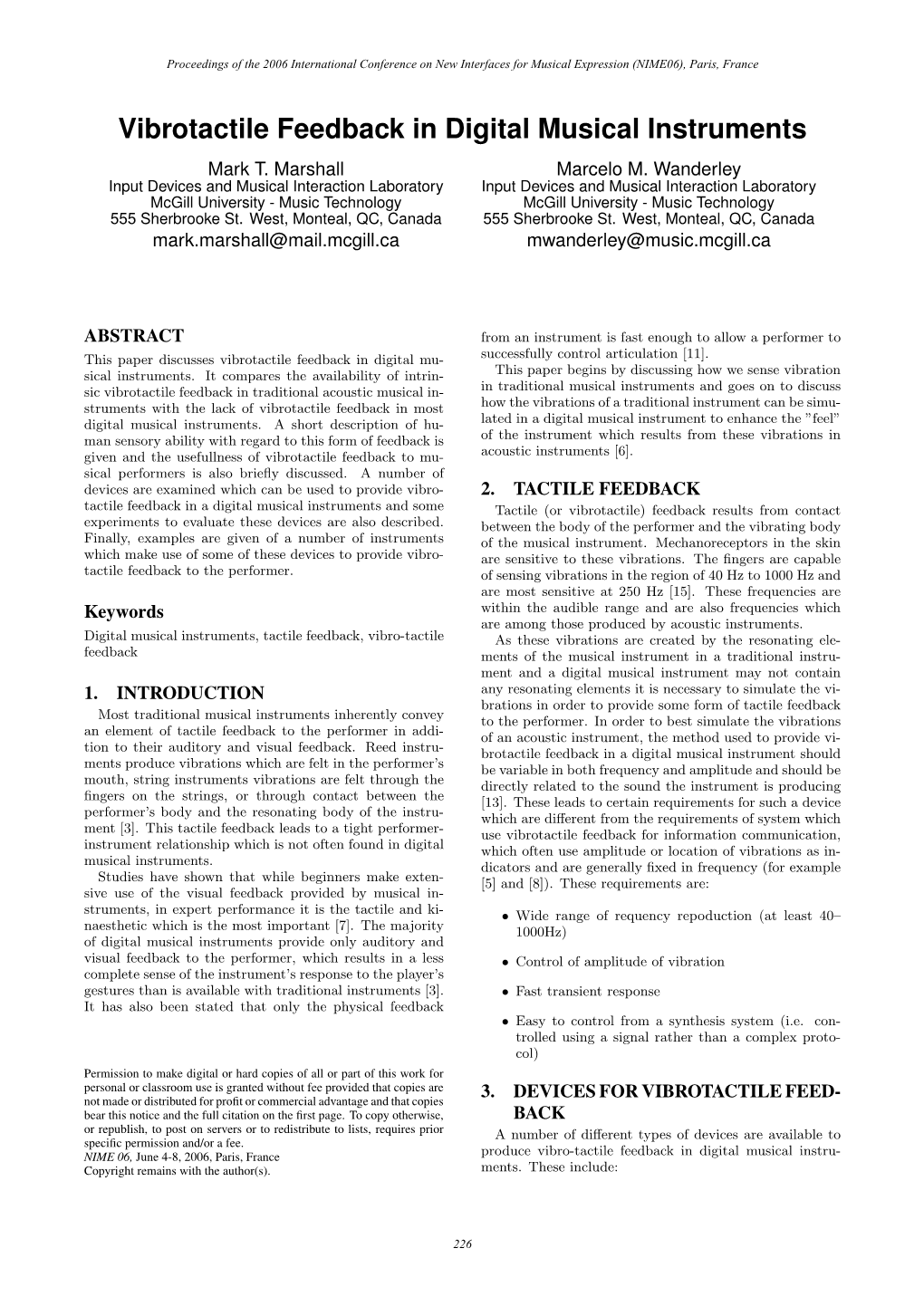 Vibrotactile Feedback in Digital Musical Instruments Mark T