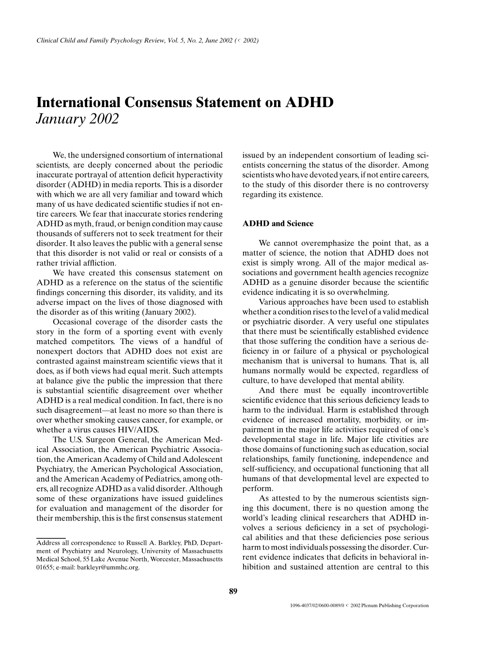 International Consensus Statement on ADHD January 2002