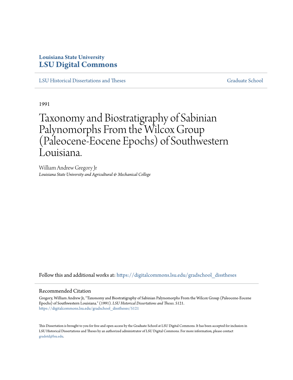 Taxonomy and Biostratigraphy of Sabinian Palynomorphs from the Wilcox Group (Paleocene-Eocene Epochs) of Southwestern Louisiana