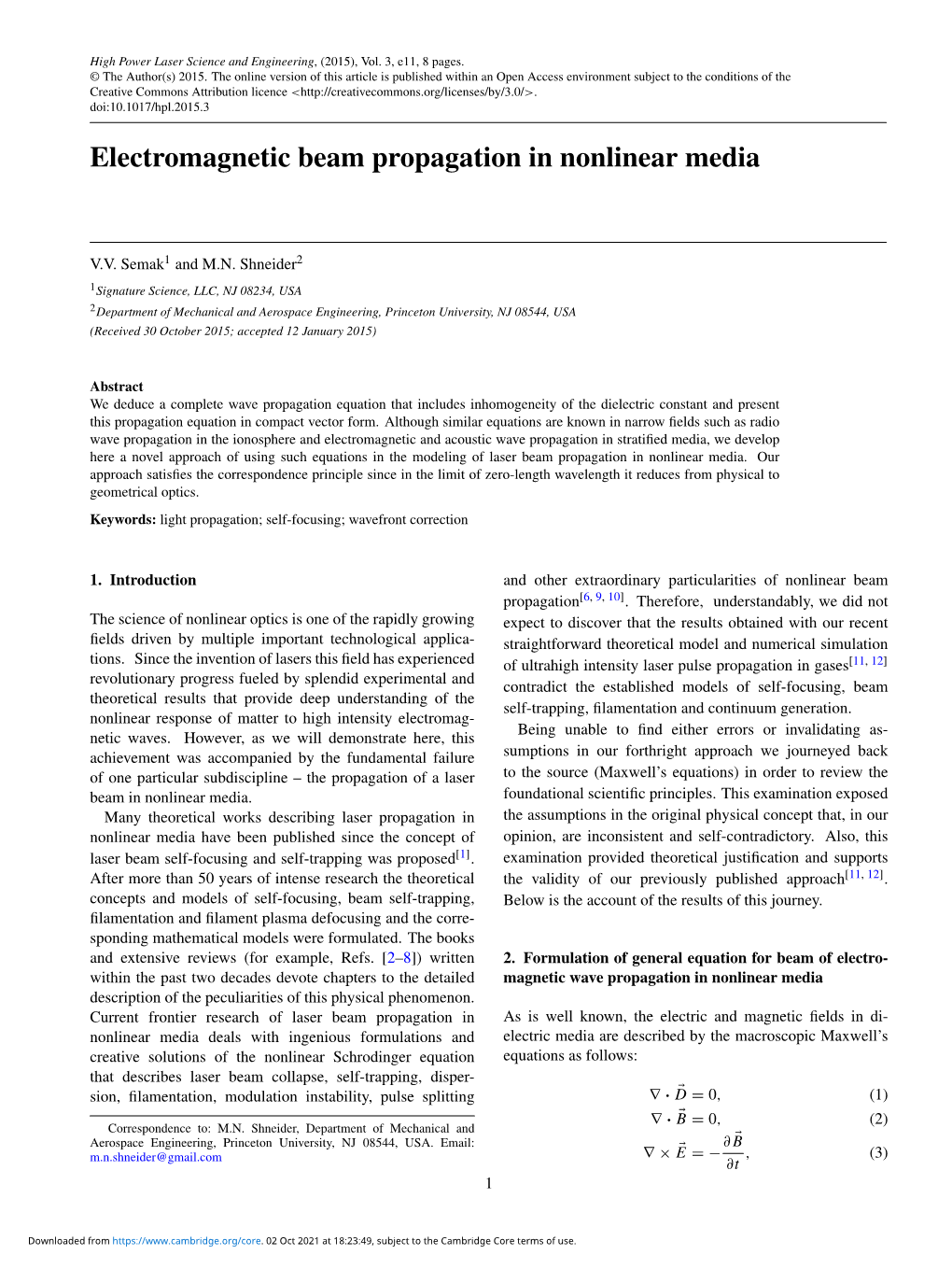 Electromagnetic Beam Propagation in Nonlinear Media