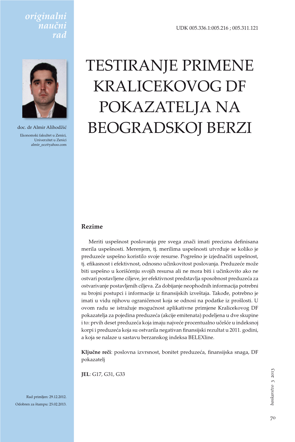 Testiranje Primene Kralicekovog Df Pokazatelja Na Beogradskoj Berzi