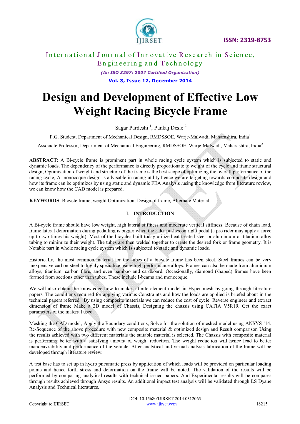 Design and Development of Effective Low Weight Racing Bicycle Frame