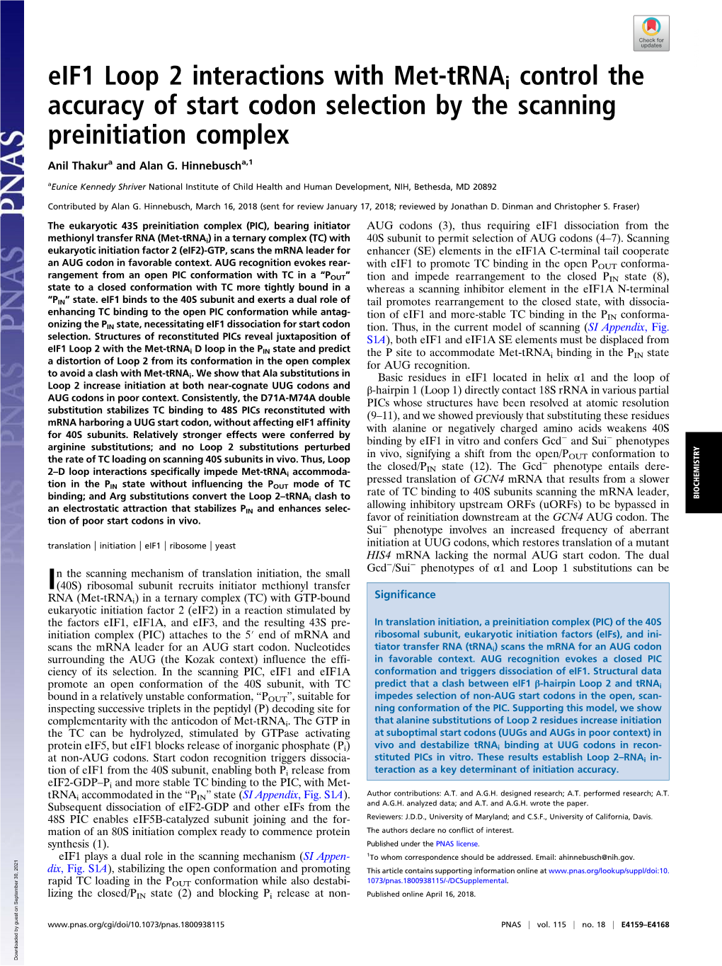 Eif1 Loop 2 Interactions with Met-Trnai Control the Accuracy of Start Codon Selection by the Scanning Preinitiation Complex