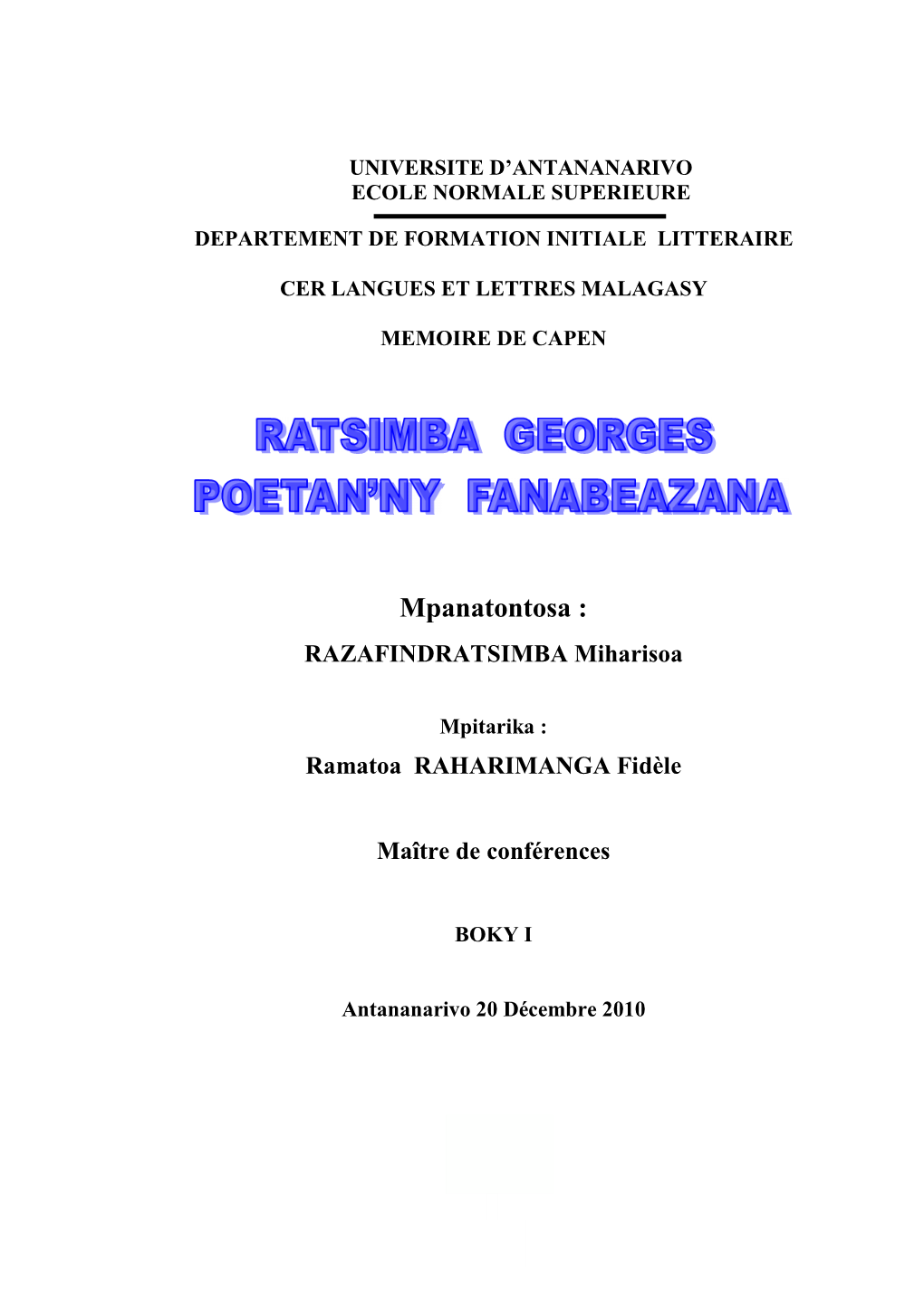 Mpanatontosa : RAZAFINDRATSIMBA Miharisoa