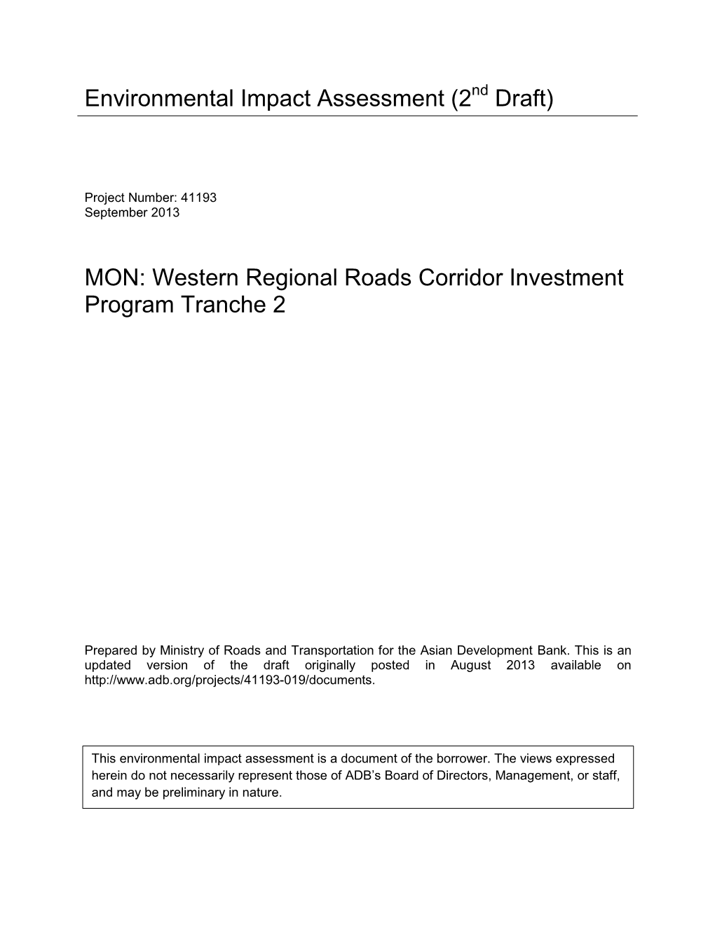Western Regional Road Corridor Investment Program – Road Sections