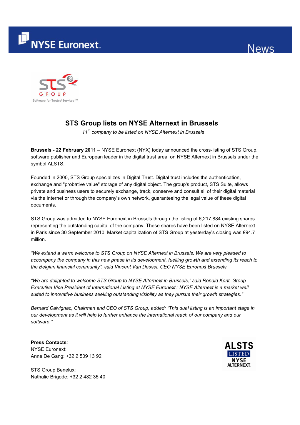 STS Group Lists on NYSE Alternext in Brussels