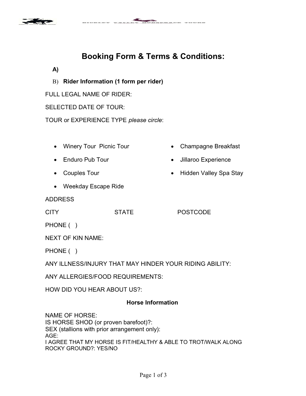 Booking Form & Terms & Conditions