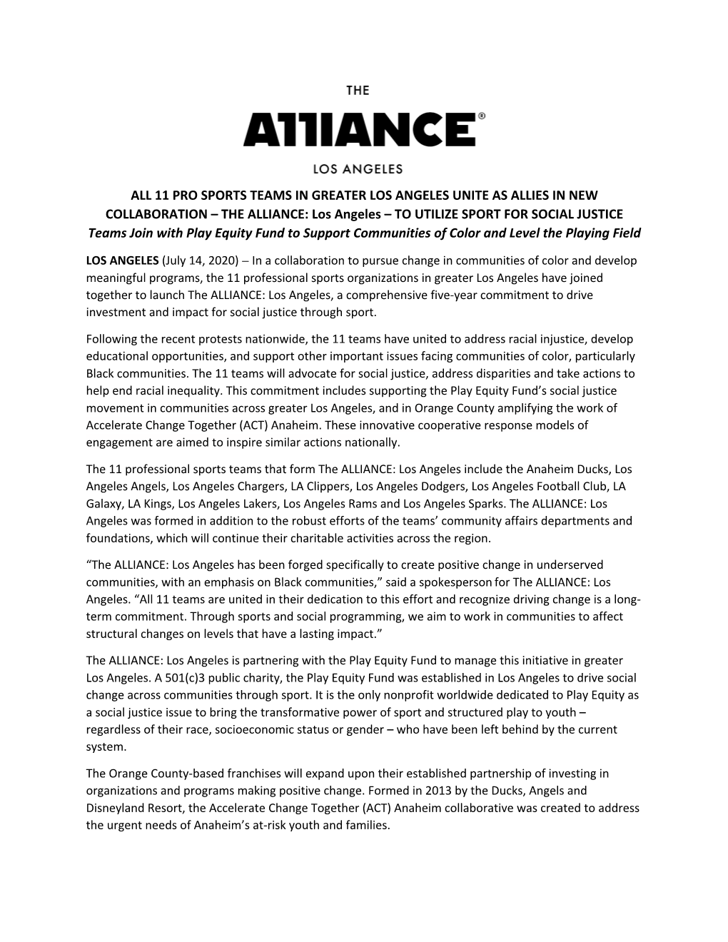 THE ALLIANCE: Los Angeles – to UTILIZE SPORT for SOCIAL JUSTICE Teams Join with Play Equity Fund to Support Communities of Color and Level the Playing Field