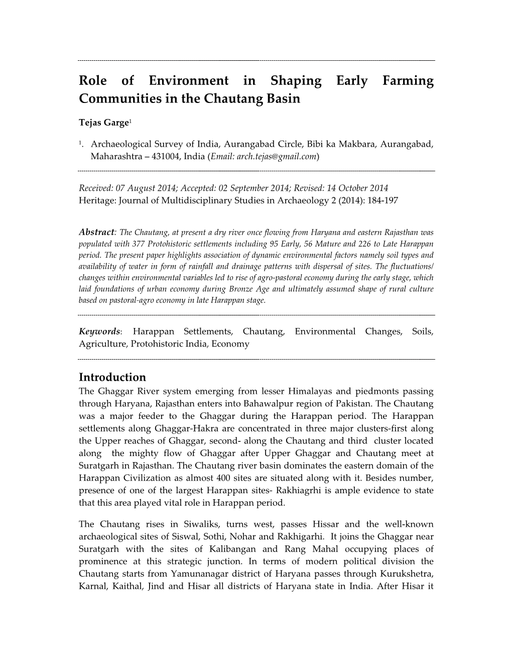 Role of Environment in Shaping Early Farming Communities in the Chautang Basin