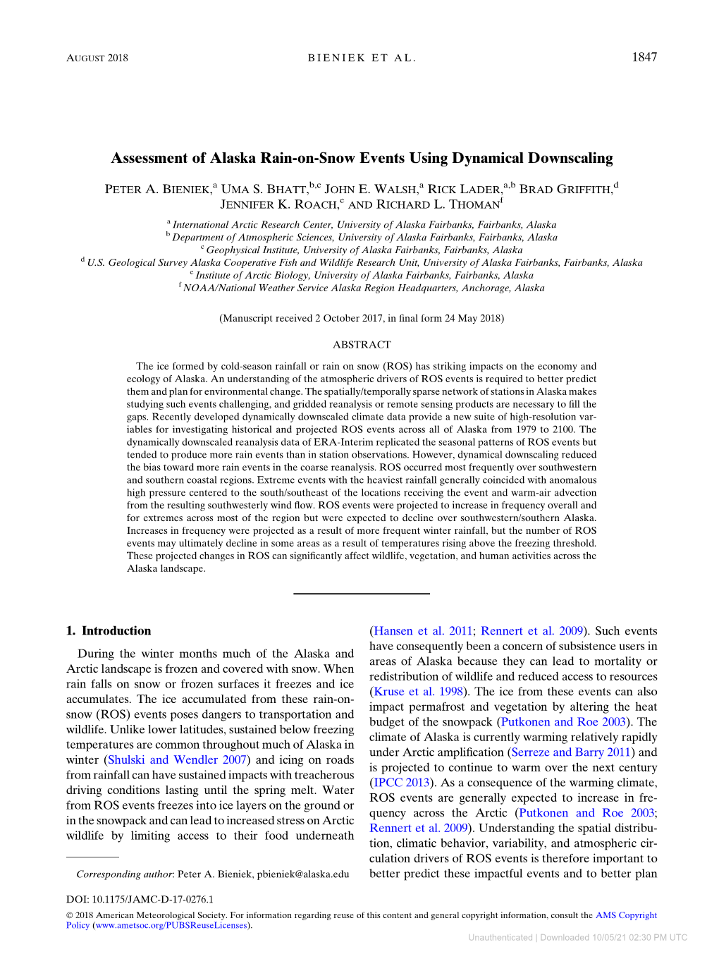 Assessment of Alaska Rain-On-Snow Events Using Dynamical Downscaling