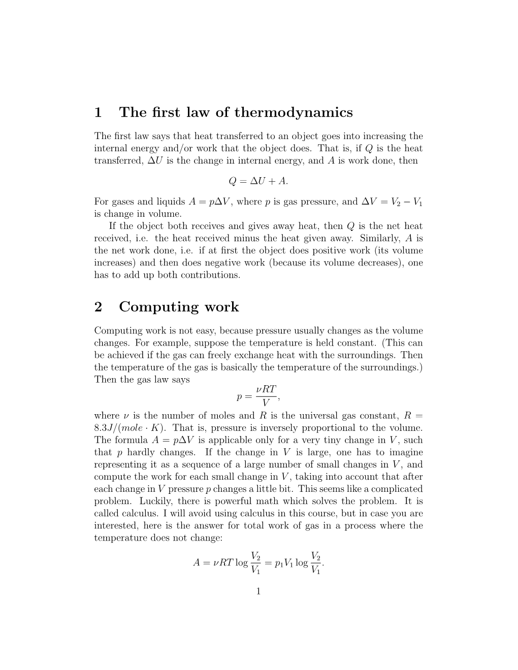 1 the First Law of Thermodynamics 2 Computing Work