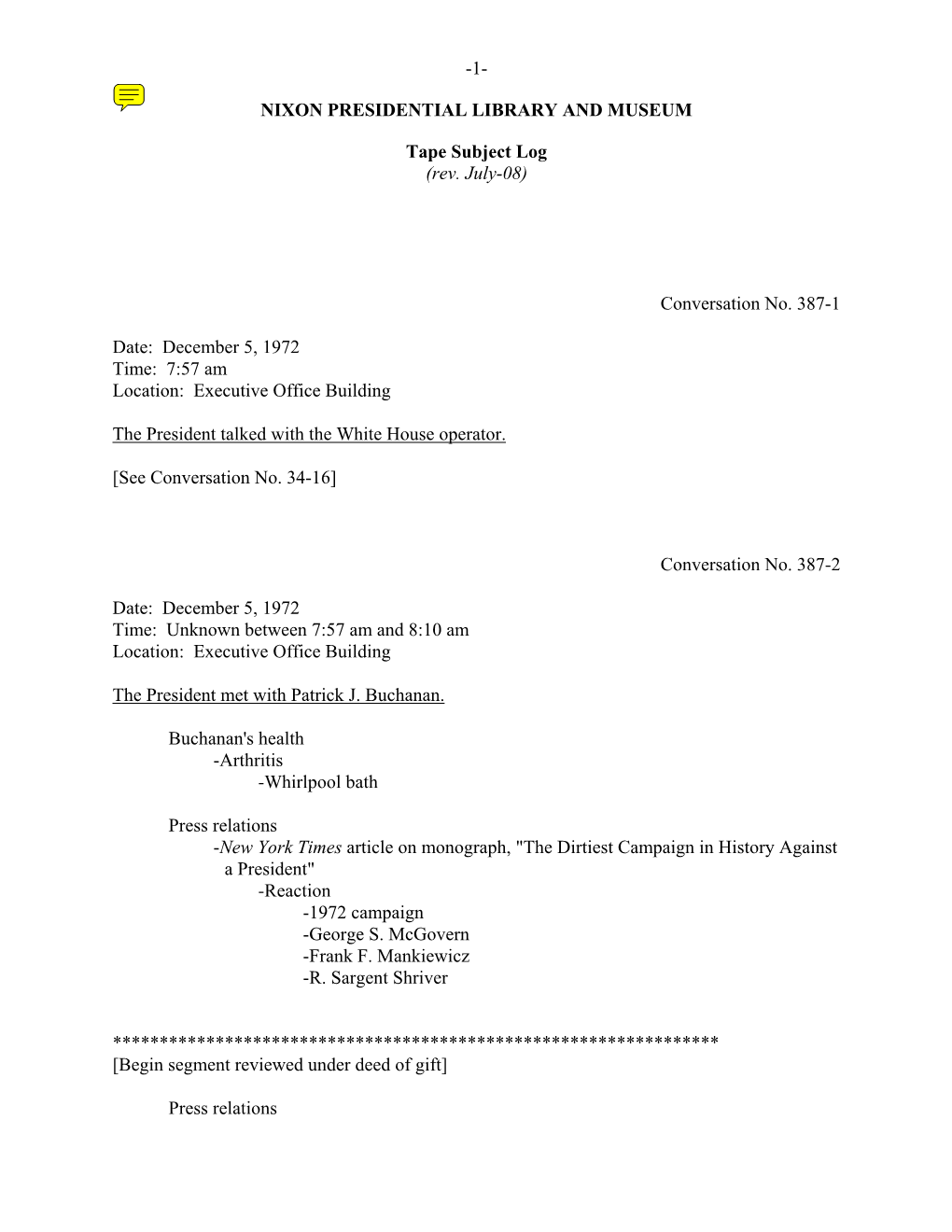 EOB #387: December 5, 1972 [Complete Tape Subject Log]