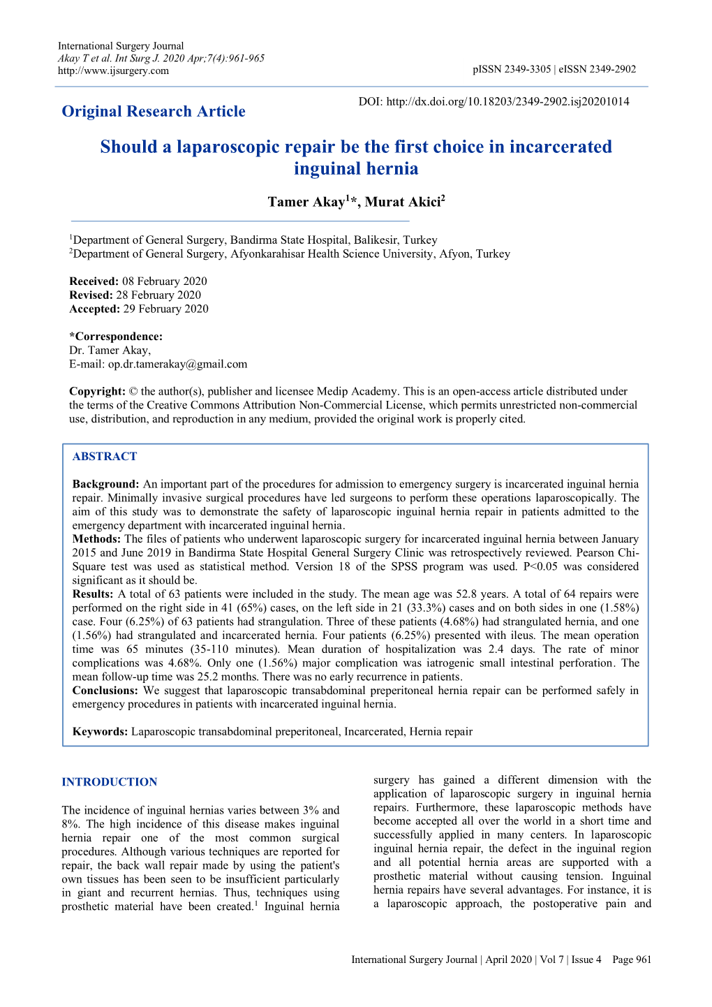 Should a Laparoscopic Repair Be the First Choice in Incarcerated Inguinal Hernia