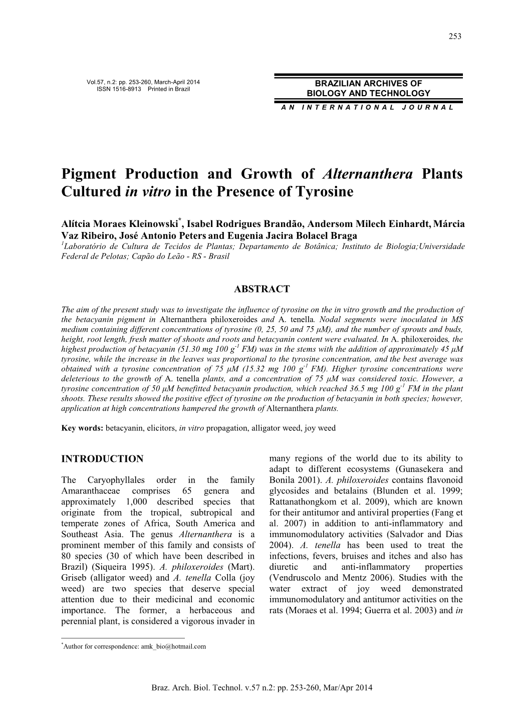 Pigment Production and Growth of Alternanthera Plants Cultured in Vitro in the Presence of Tyrosine