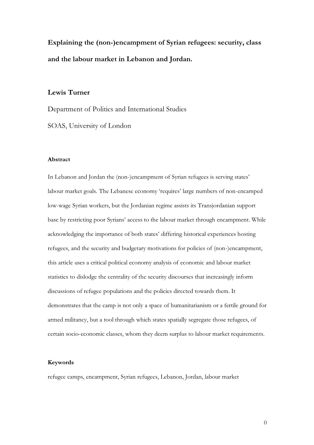 Explaining the (Non-)Encampment of Syrian Refugees: Security, Class and the Labour Market in Lebanon and Jordan