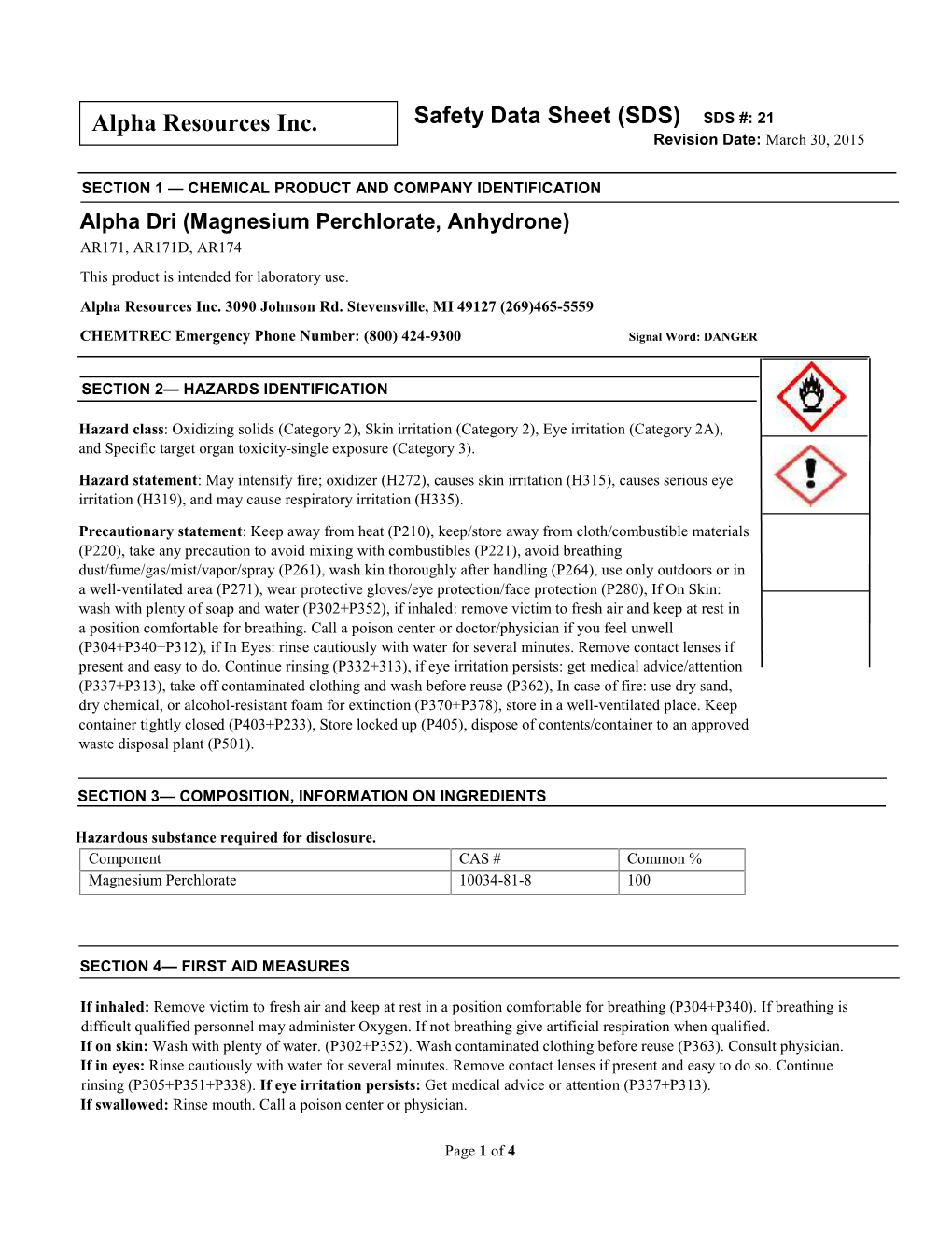 SDS) SDS #: 21 Revision Date: March 30, 2015