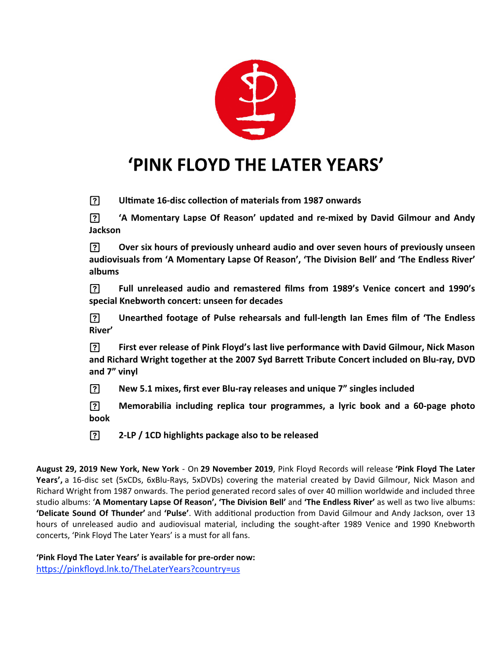 Pink Floyd the Later Years PR FINAL US Version Issue Date 8-29