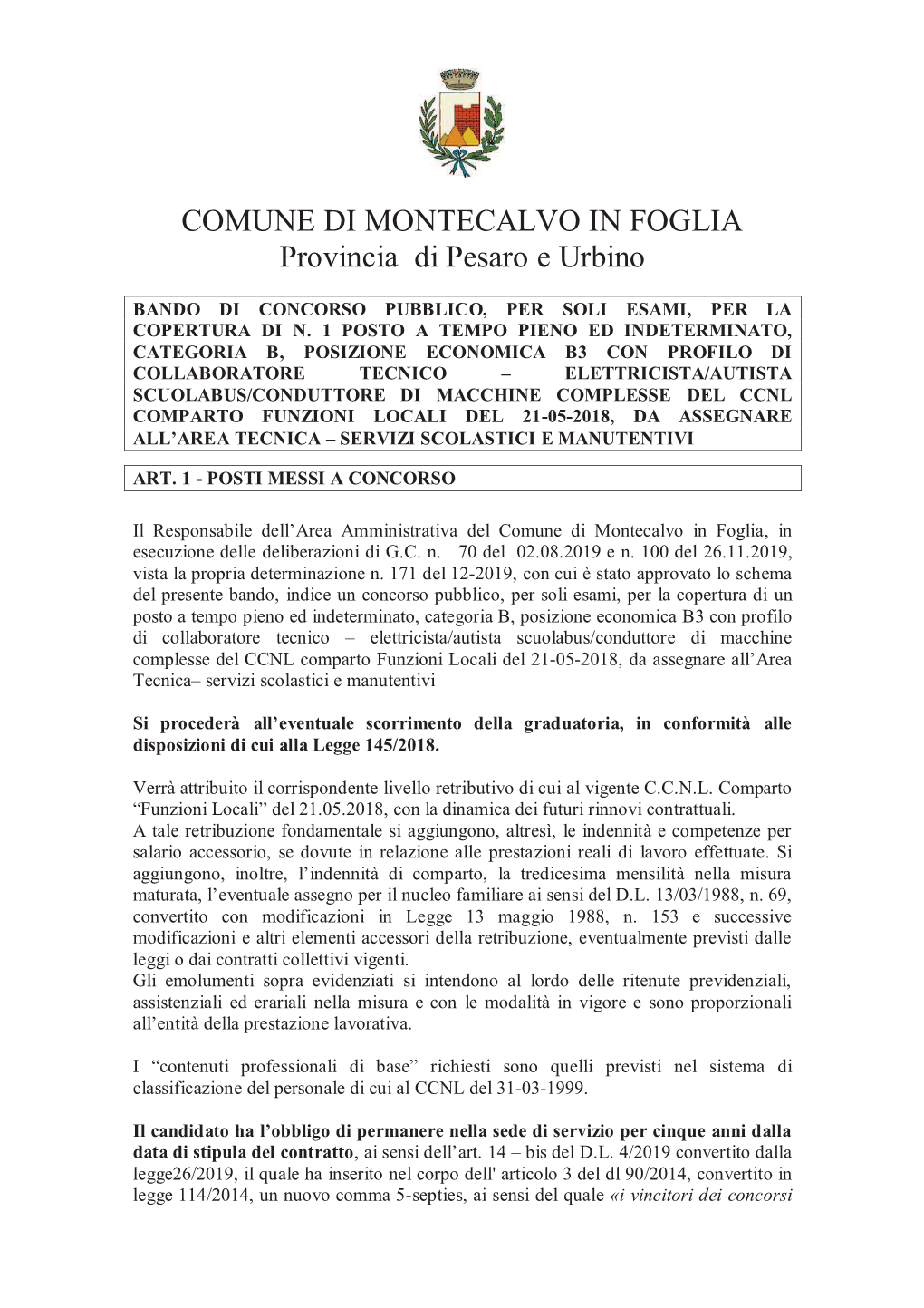 COMUNE DI MONTECALVO in FOGLIA Provincia Di Pesaro E Urbino