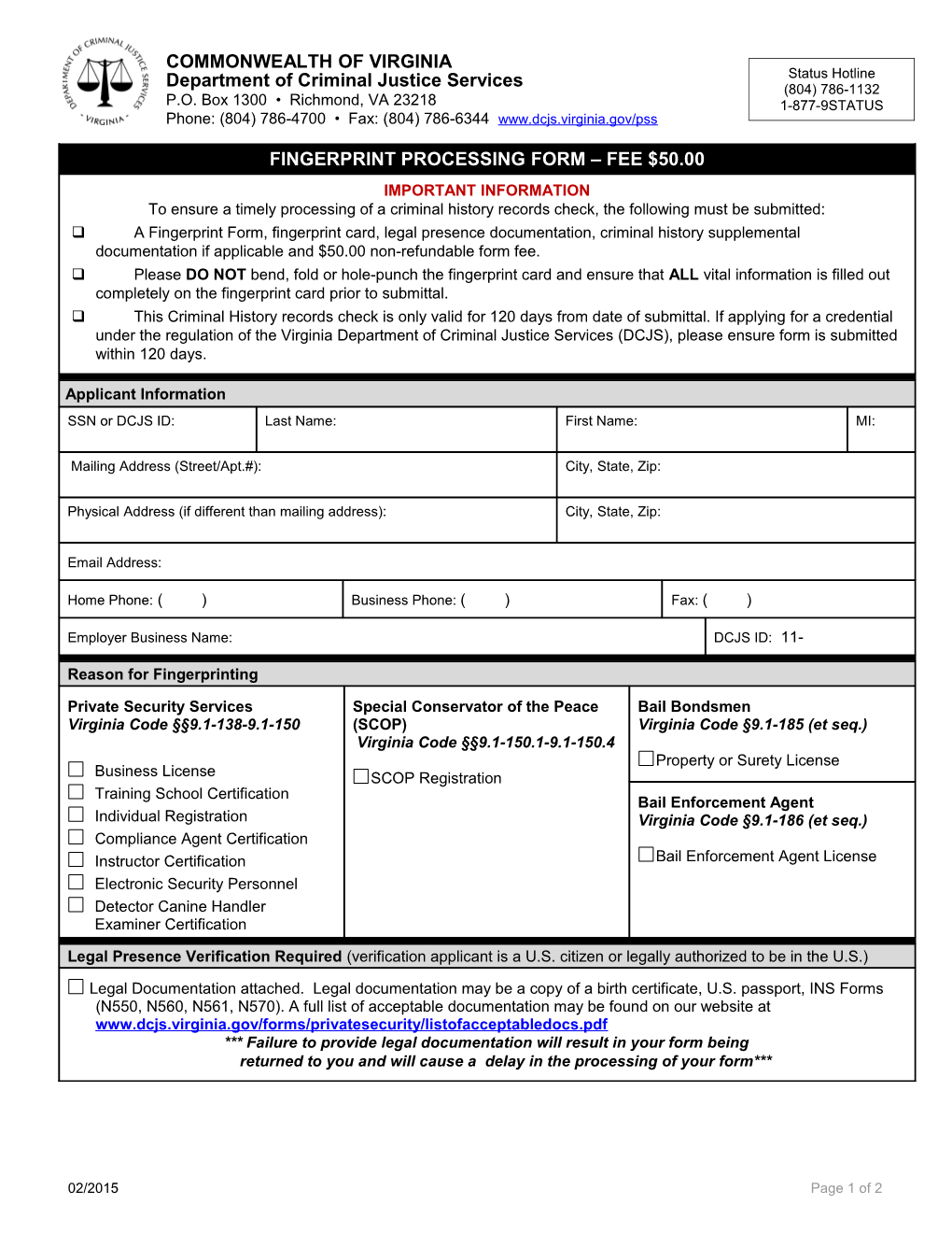 Fingerprint Processing Form Fee $50.00