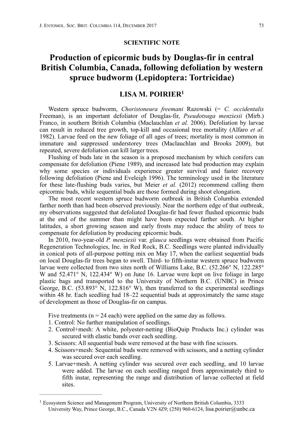 Production of Epicormic Buds by Douglas-Fir in Central British Columbia, Canada, Following Defoliation by Western Spruce Budworm (Lepidoptera: Tortricidae)