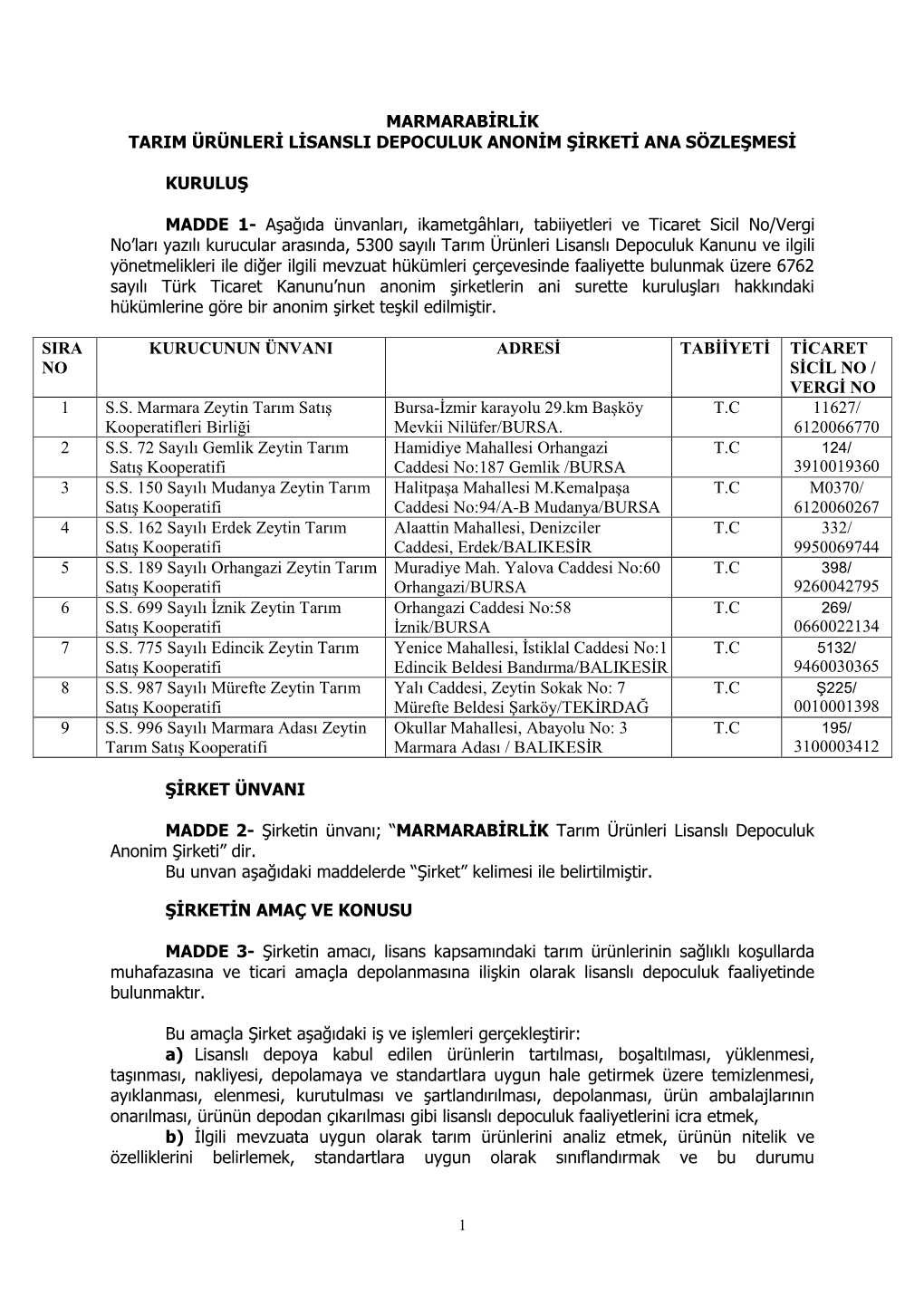 MARMARABİRLİK TARIM ÜRÜNLERİ LİSANSLI DEPOCULUK ANONİM ŞİRKETİ ANA SÖZLEŞMESİ KURULUŞ MADDE 1- Aşağıda Ünvanla