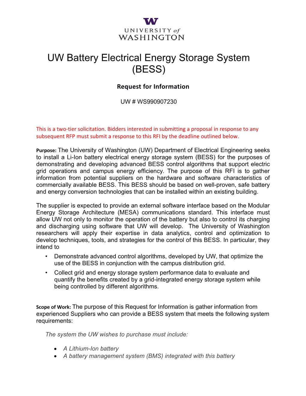 UW Battery Electrical Energy Storage System (BESS)