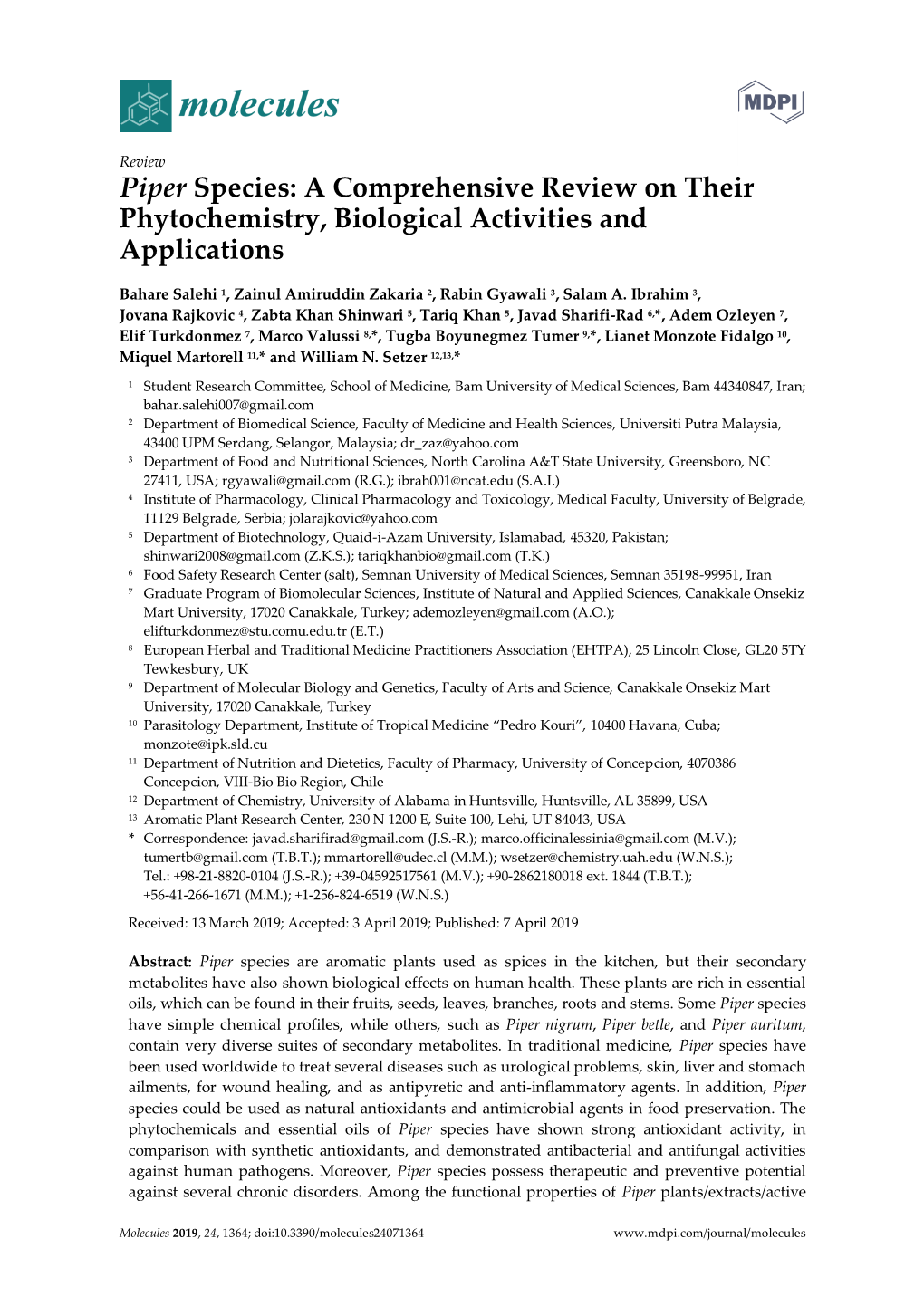 Piper Species: a Comprehensive Review on Their Phytochemistry, Biological Activities and Applications