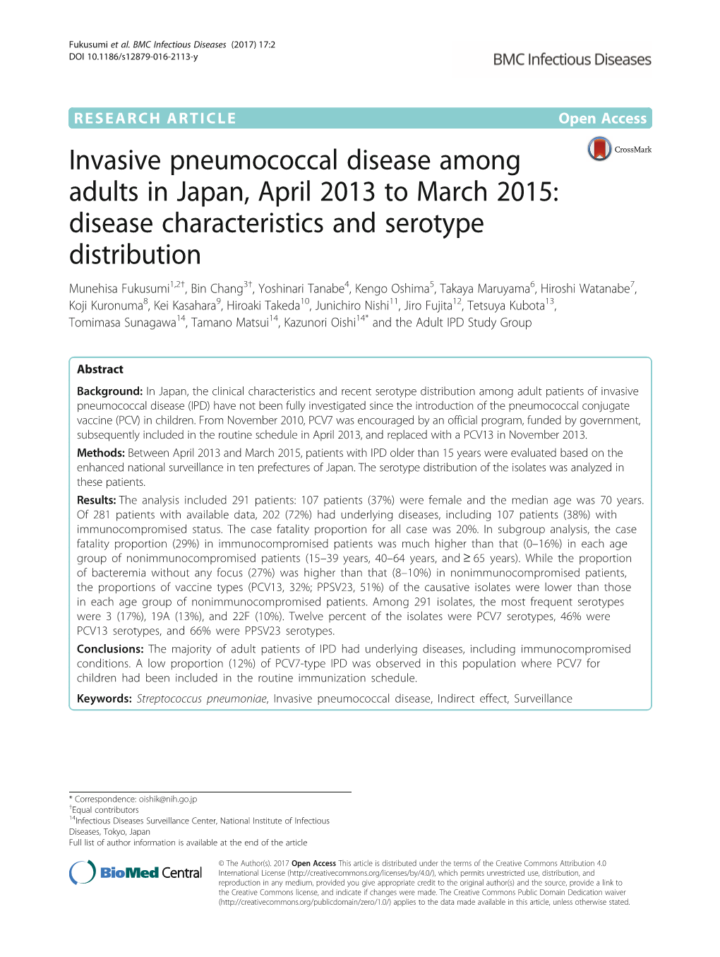 Invasive Pneumococcal Disease Among Adults in Japan, April 2013