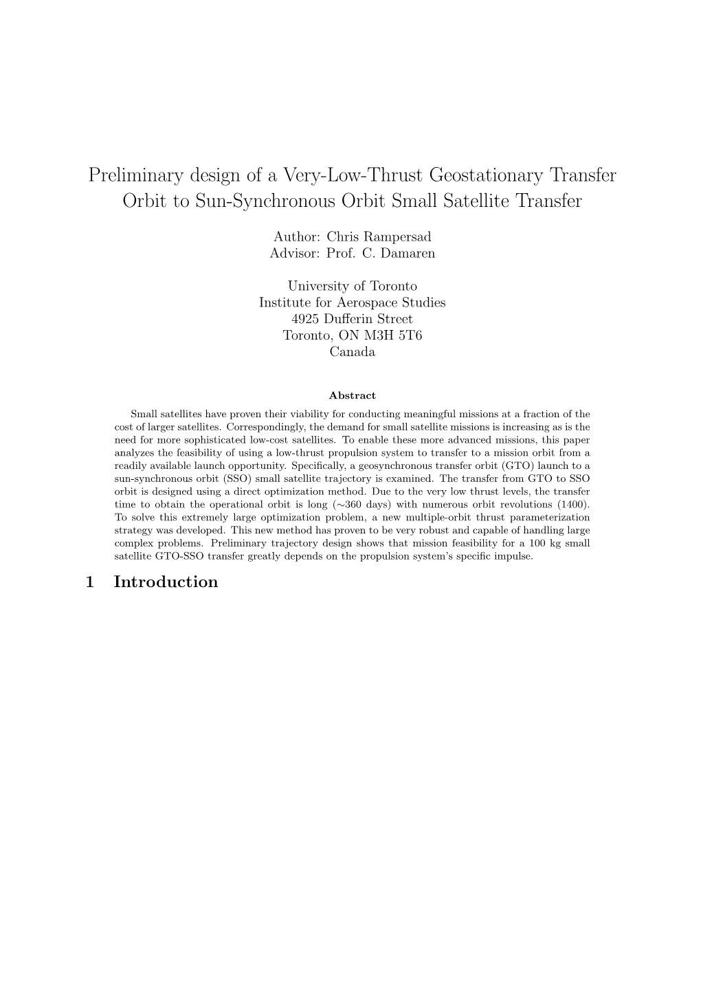 Preliminary Design of a Very-Low-Thrust Geostationary Transfer Orbit to Sun-Synchronous Orbit Small Satellite Transfer