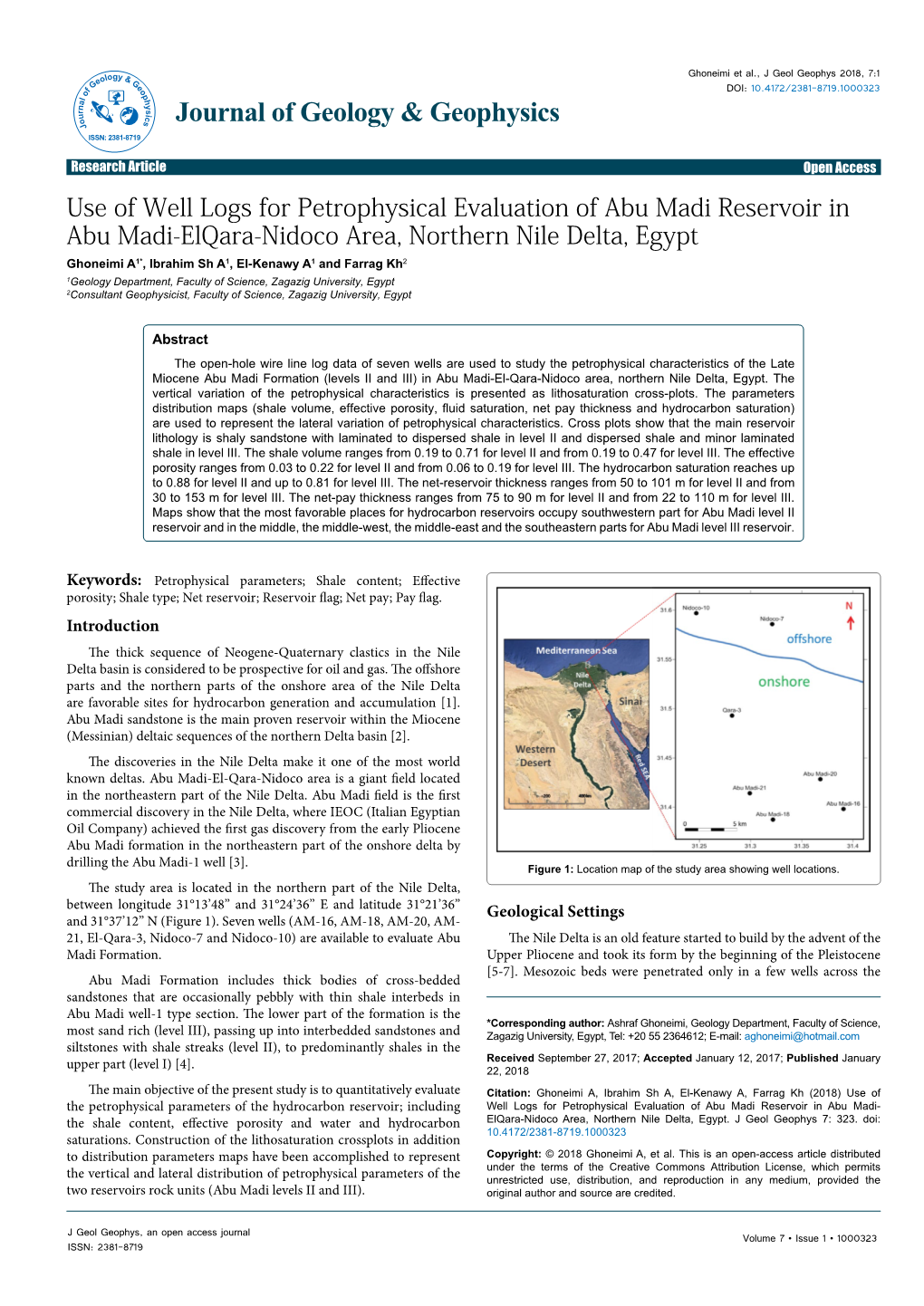 Use of Well Logs for Petrophysical Evaluation of Abu Madi Reservoir In