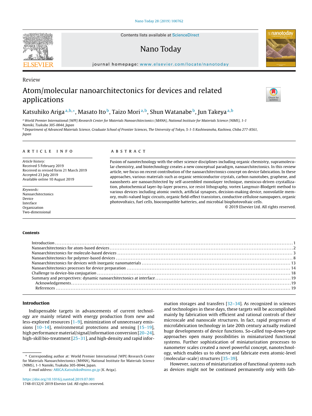 Atom/Molecular Nanoarchitectonics for Devices and Related Applications