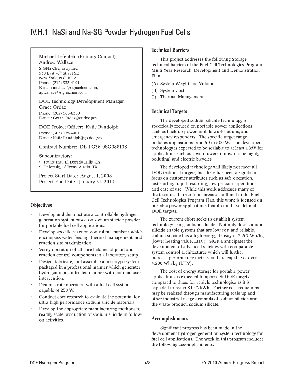 Nasi and Na-SG Powder Hydrogen Fuel Cells, DOE Hydrogen Program