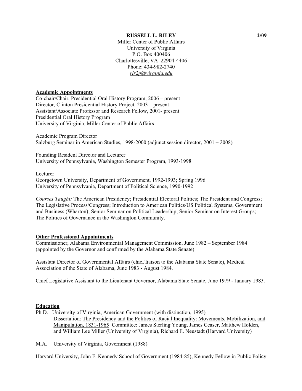 RUSSELL L. RILEY 2/09 Miller Center of Public Affairs University of Virginia P.O
