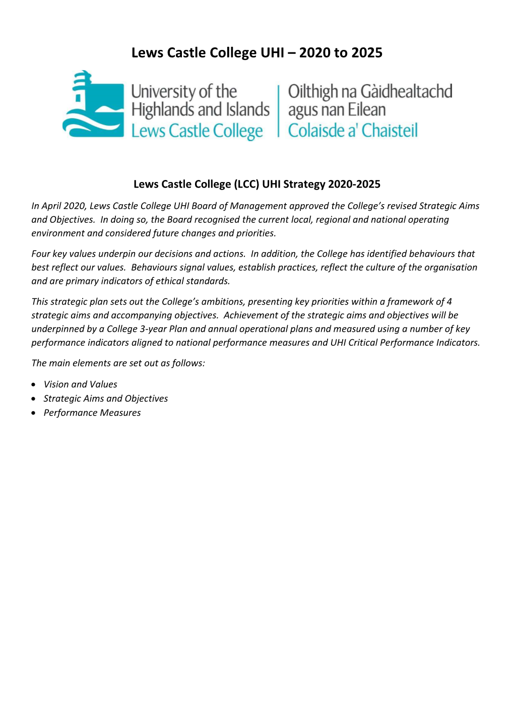 Lews Castle College (LCC) UHI Strategy 2020-2025