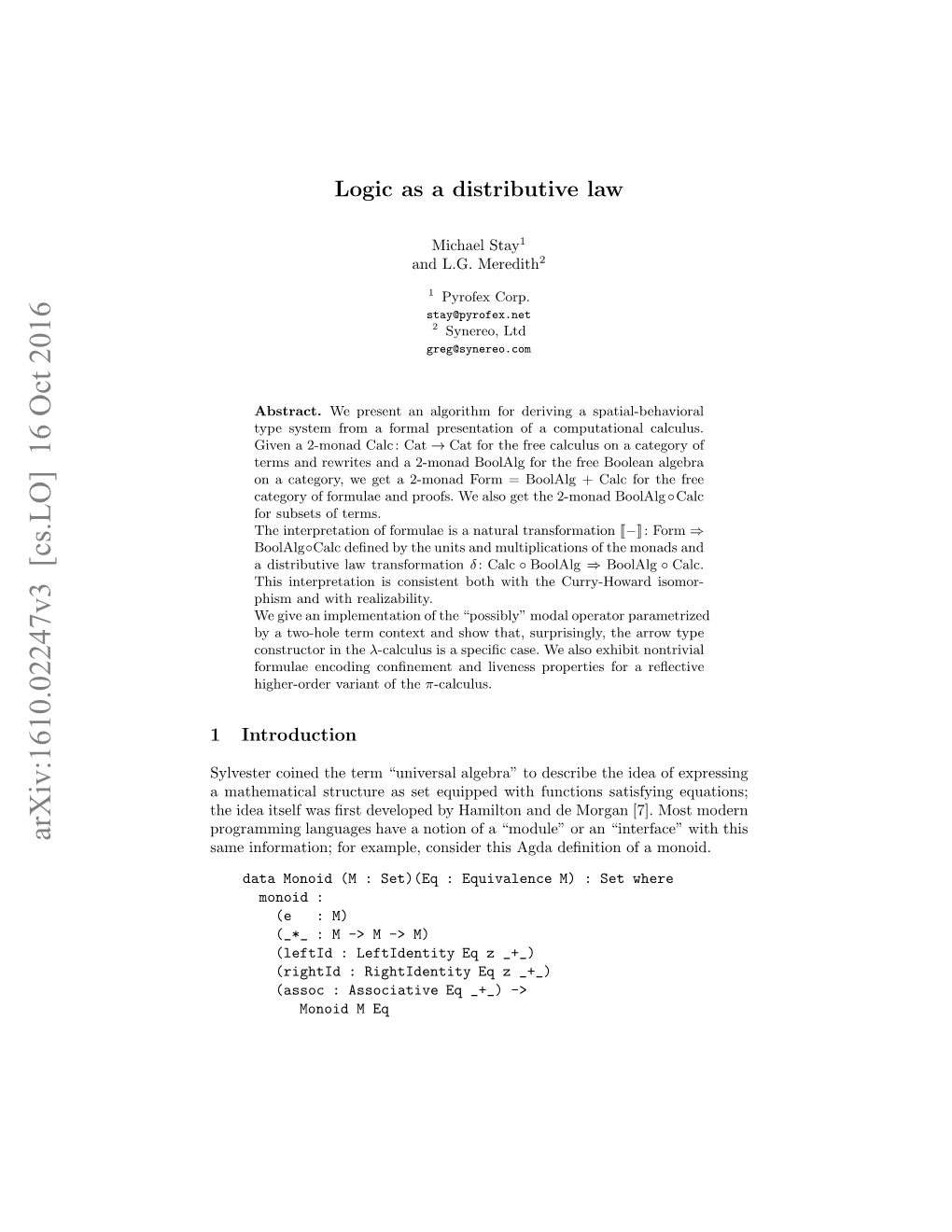 Arxiv:1610.02247V3 [Cs.LO] 16 Oct 2016 Aeifrain O Xml,Cnie Hsad Ento Famon a of Deﬁnition Agda “Interface This an Consider Or Most Example, “Module” [7]