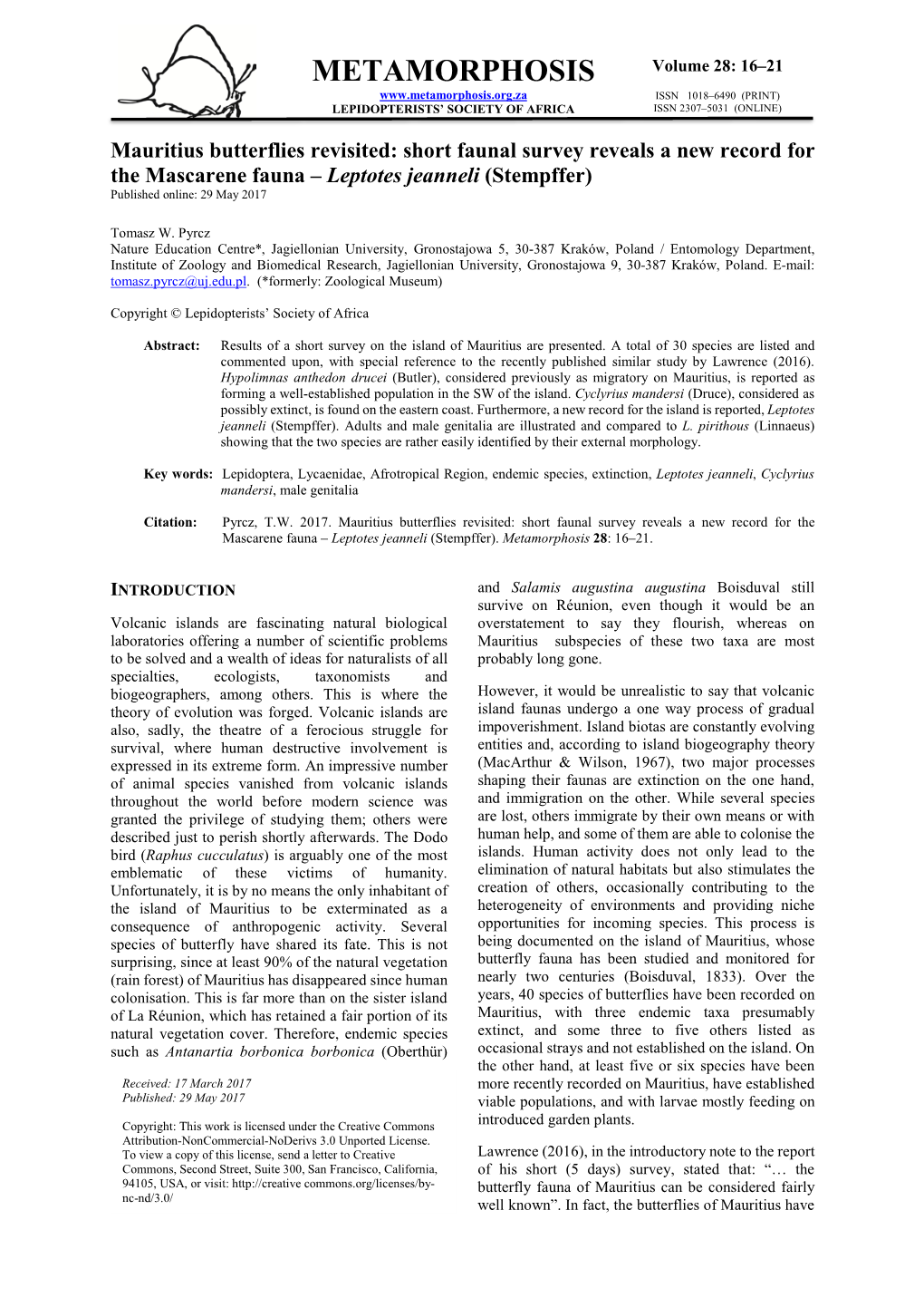 Mauritius Butterflies Revisited: Short Faunal Survey Reveals a New Record for the Mascarene Fauna – Leptotes Jeanneli (Stempffer) Published Online: 29 May 2017