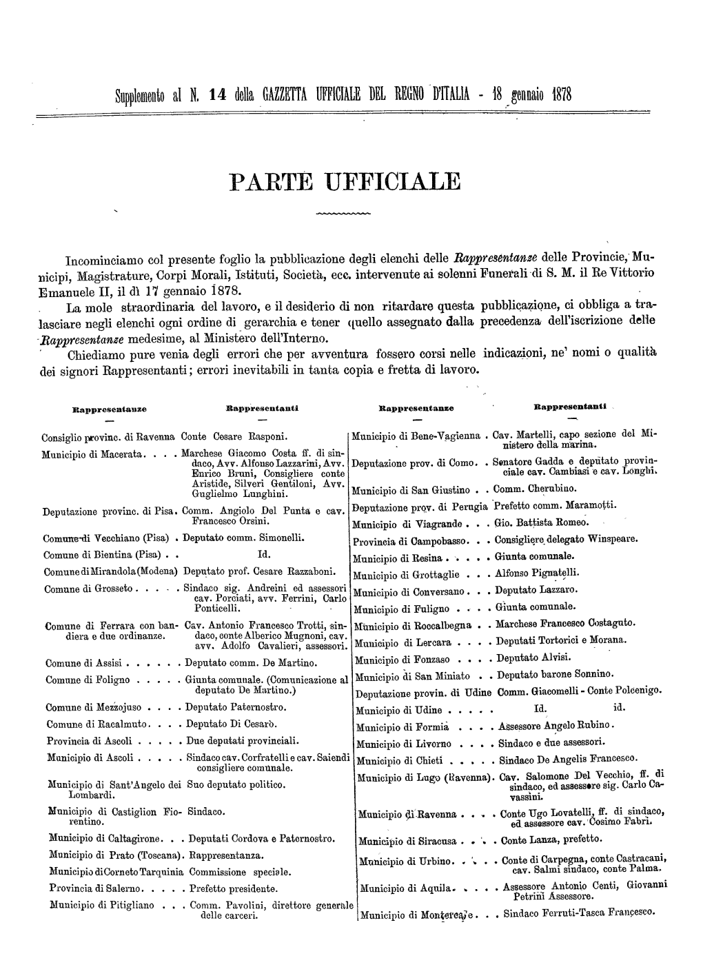 Gazzetta Ufficiale Del Regno D'italia N. 014 Del 18 Gennaio 1878