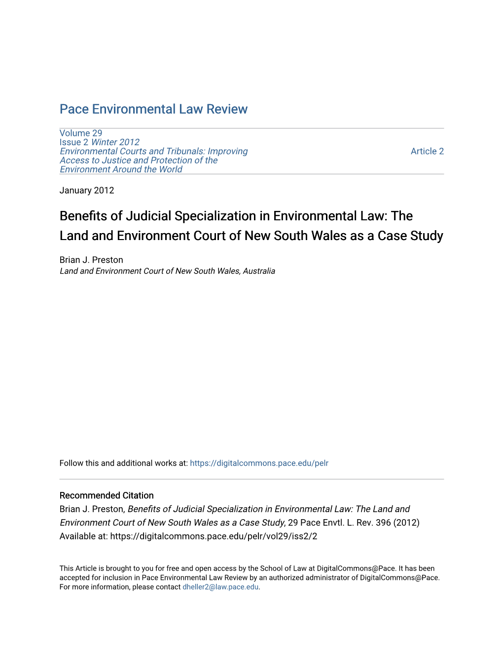 Benefits of Judicial Specialization in Environmental Law: the Land and Environment Court of New South Wales As a Case Study