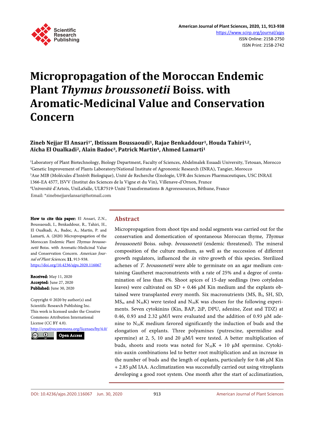 Micropropagation of the Moroccan Endemic Plant Thymus Broussonetii Boiss
